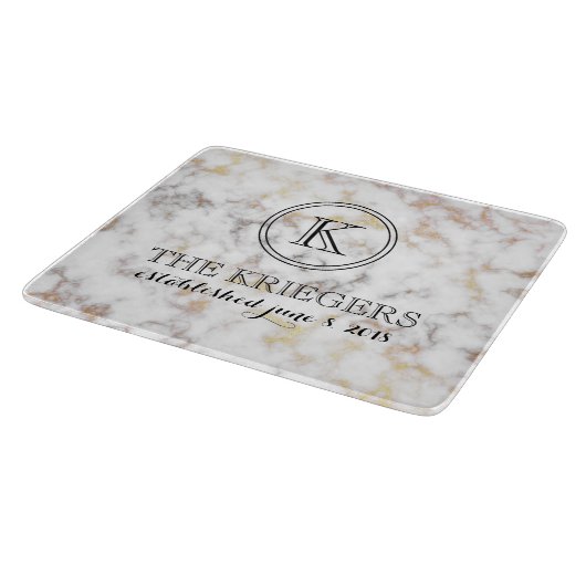 White Gold Metallic marble Monogram Weddenschap Snijplank (Hoek)