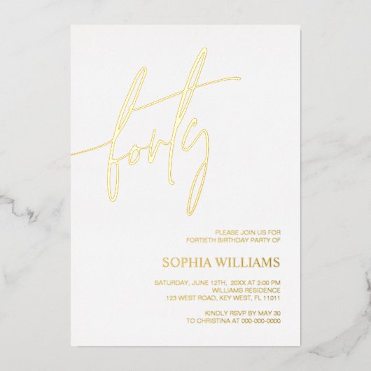 White & Gold Minimalist 40th Birthday Folie Uitnodiging (Voorkant)