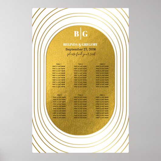 White & Gold Modern Arch Wedding Seding Chart Poster (Voorkant)