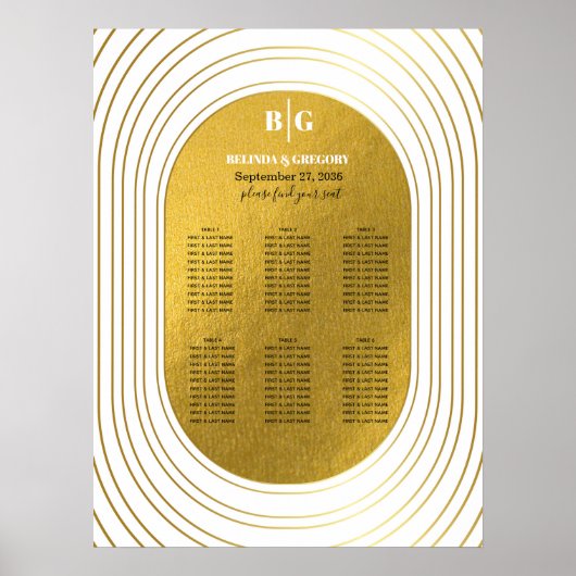 White & Gold Modern Arch Wedding Seding Chart Poster (Voorkant)