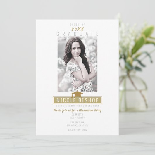White Gold Modern Photo Graduparty Kaart (Staand voorkant)