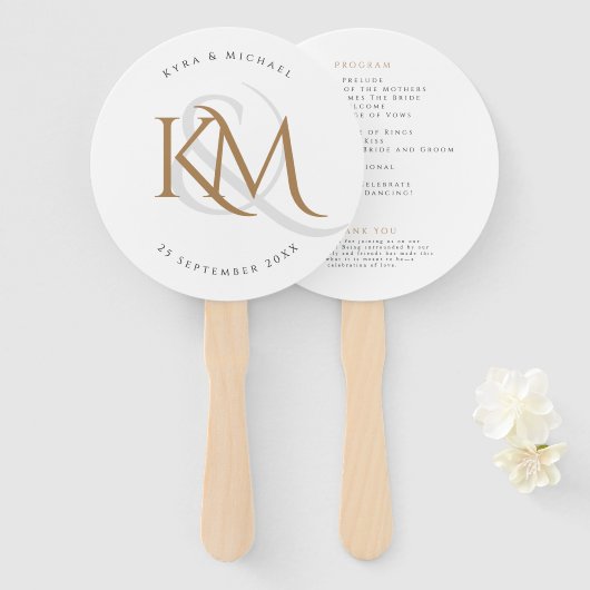 White Gold Monogram Modern Elegant Wedding Program Handwaaier (Voorkant en achterkant)