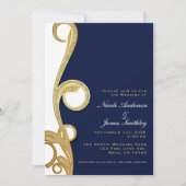 White Gold Navy Blue Chic Elegant Swirl Wedding Kaart (Voorkant)