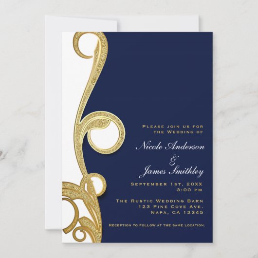 White Gold Navy Blue Chic Elegant Swirl Wedding Kaart (Voorkant)