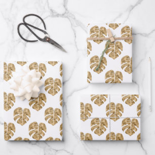 White Gold Palm Leaf Pattern Monstera Deliciosa Inpakpapier Vel