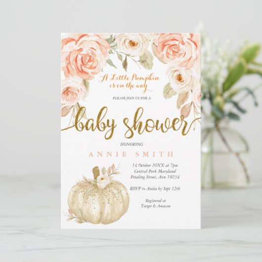 White Gold Peach baby shower Uitnodigingskaart mei Kaart (Staand voorkant)