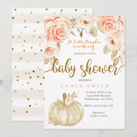 White Gold Peach baby shower Uitnodigingskaart mei Kaart (Voorkant / Achterkant)