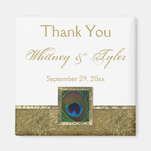 White, Gold Peacock Feather Wedding Favor Magnet