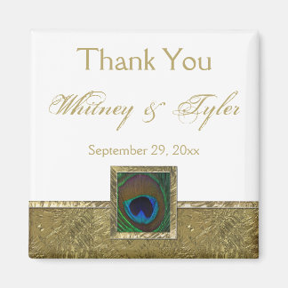 White, Gold Peacock Feather Wedding Favor Magnet
