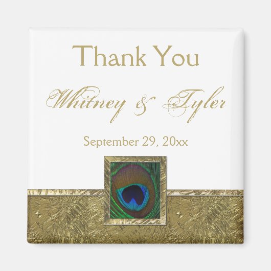 White, Gold Peacock Feather Wedding Favor Magnet (Voorkant)