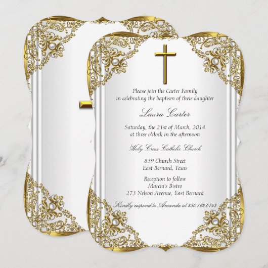 White Gold Pearl Damask Cross Baptisme Christening Kaart (Voorkant / Achterkant)