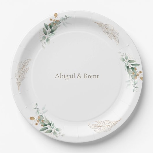 White & Gold Personalized Foliage Wedding Papieren Bordje (Voorkant)