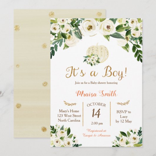 White Gold Pumpkin Baby shower Invitation Boy Kaart (Voorkant / Achterkant)