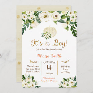 White Gold Pumpkin Baby shower Invitation Boy Kaart