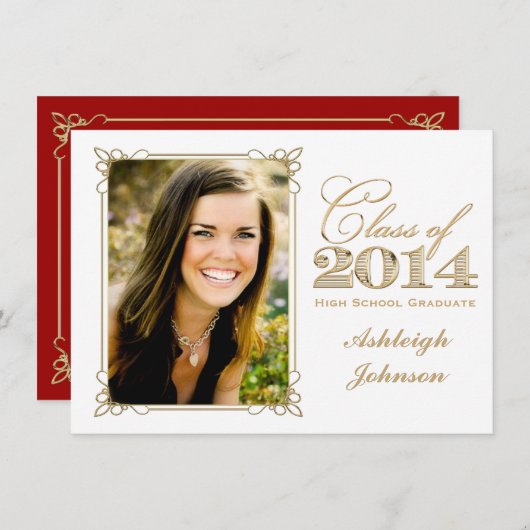 White, Gold, Red 2014 Photo Afstuderen Invite Kaart (Voorkant / Achterkant)