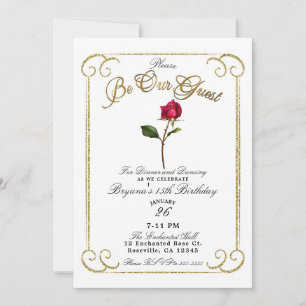 White & Gold Red Rose Beauty Birthday Party Kaart
