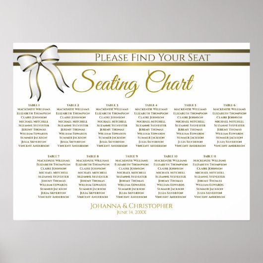 White & Gold Ribbon 11 Table Wedding Seating Chart Poster (Voorkant)
