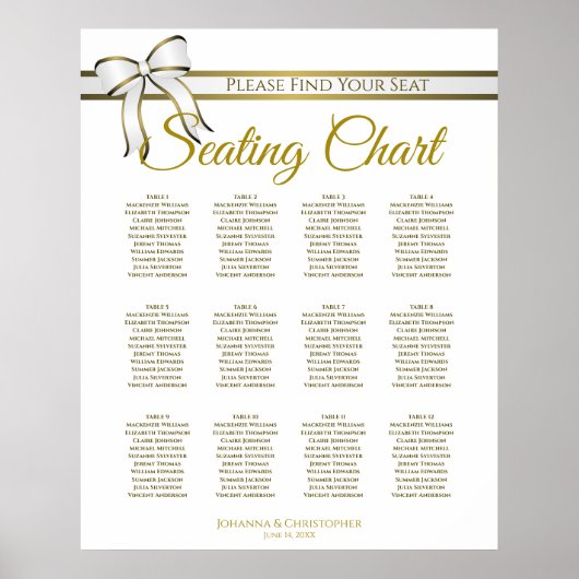 White & Gold Ribbon 12 Table Wedding Seating Chart Poster (Voorkant)