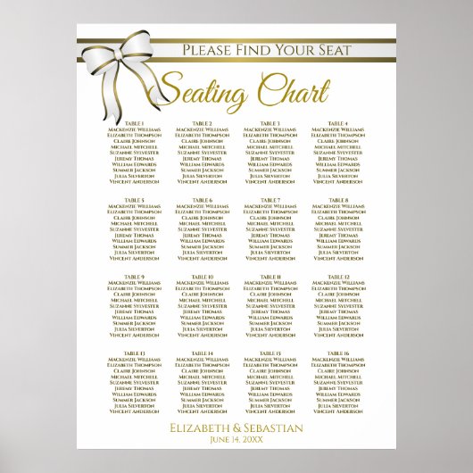White & Gold Ribbon 16 Table Wedding Seating Chart Poster (Voorkant)