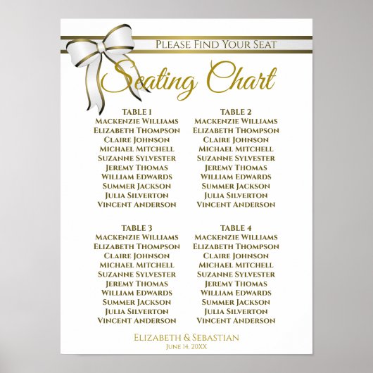 White & Gold Ribbon 4 Table Wedding Seating Chart Poster (Voorkant)