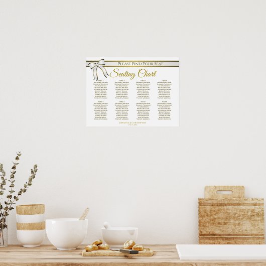 White & Gold Ribbon 8 Table Wedding Seding Chart Poster (Keuken)