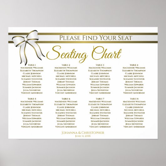 White & Gold Ribbon 8 Table Wedding Seding Chart Poster (Voorkant)