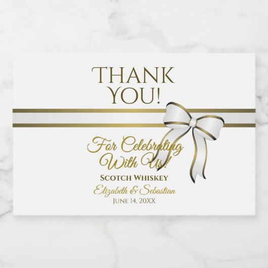 White & Gold Ribbon & Bow Weddenschap Bedankt Mini Likeurfles Etiket (Enkel label)
