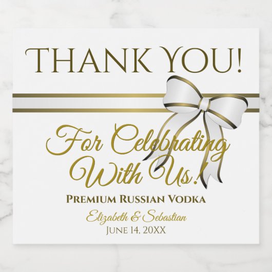 White & Gold Ribbon Weddenschap Hartelijk dank Likeurfles Etiket (Enkel label)