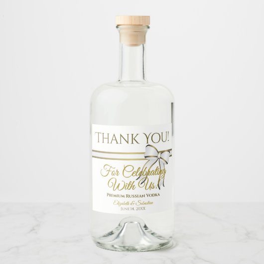 White & Gold Ribbon Weddenschap Hartelijk dank Likeurfles Etiket (Voorkant)