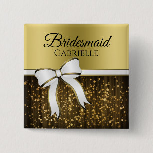 White & Gold Ribbon Wedding Bridesmaid Name Tag Vierkante Button 5,1 Cm