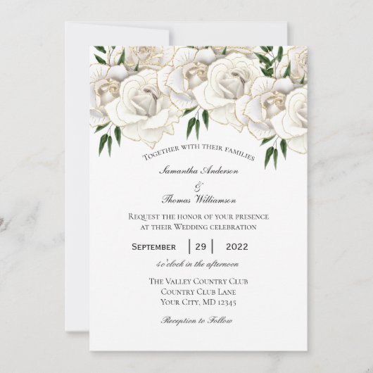 White Gold Roos Floral Formal Wedding Kaart (Voorkant)