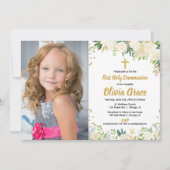 White gold rozen floral First Heilige Communfoto Kaart (Voorkant)