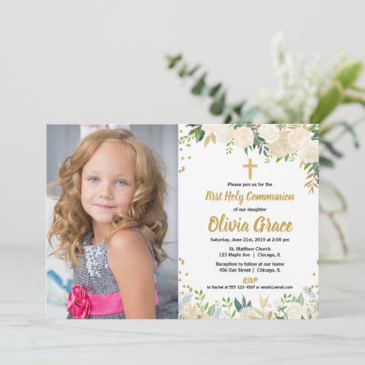 White gold rozen floral First Heilige Communfoto Kaart (Staand voorkant)