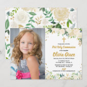 White gold rozen floral First Heilige Communfoto Kaart (Voorkant / Achterkant)