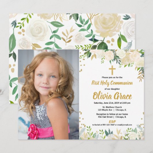 White gold rozen floral First Heilige Communfoto Kaart (Voorkant / Achterkant)