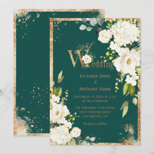 White Gold Rustic Floral Green Wedding Invitation Kaart