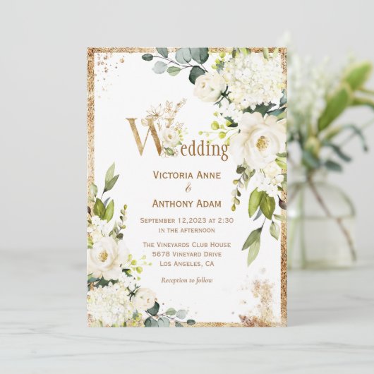 White Gold Rustic Floral Wedding Kaart (Staand voorkant)