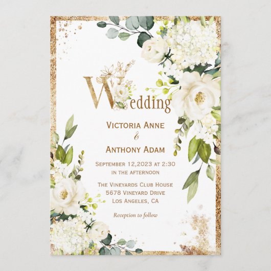 White Gold Rustic Floral Wedding Kaart (Voorkant)