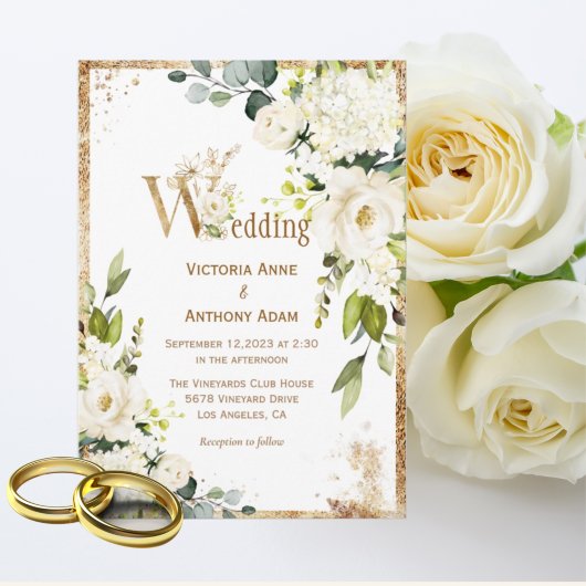 White Gold Rustic Floral Wedding Kaart