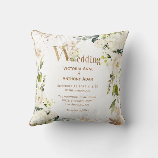 White Gold Rustic Floral Wedding Keepslag Kussen (Achterkant)