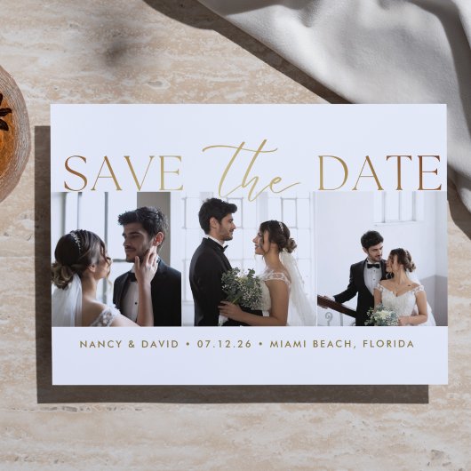 White Gold Script 3 photo Collage wedding  Save The Date