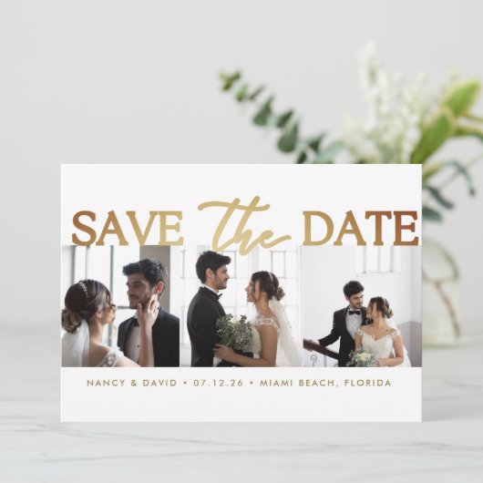 White Gold Script 3 photo Collage wedding Save The Date (Staand voorkant)