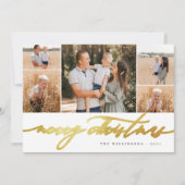 White Gold Script 5 Photo Collage Merry Kerstry Feestdagenkaart (Voorkant)