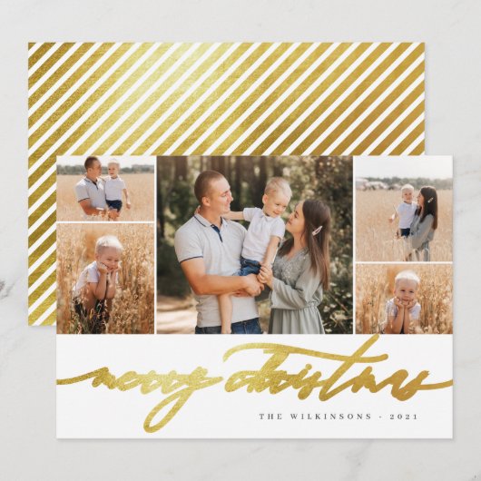 White Gold Script 5 Photo Collage Merry Kerstry Feestdagenkaart (Voorkant / Achterkant)