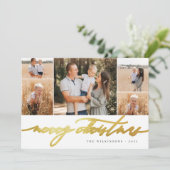 White Gold Script 5 Photo Collage Merry Kerstry Feestdagenkaart (Staand voorkant)