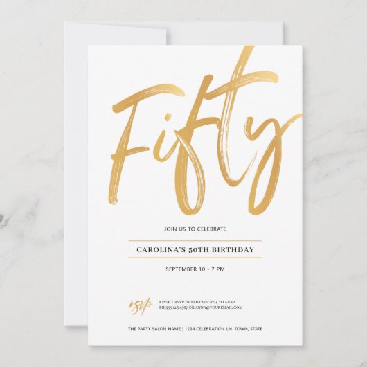 White Gold Script Vijftig verjaardag Uitnodiging (Voorkant)