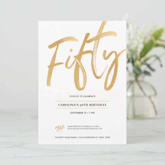 White Gold Script Vijftig verjaardag Uitnodiging (Staand voorkant)