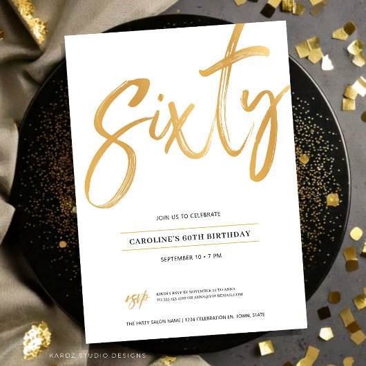 White Gold Script Zestig verjaardag Uitnodiging