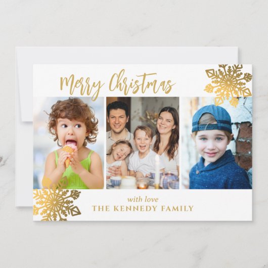 White & Gold SnowFlake 3 Fotocollage Kerstmis Feestdagenkaart (Voorkant)