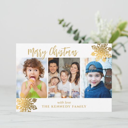 White & Gold SnowFlake 3 Fotocollage Kerstmis Feestdagenkaart (Staand voorkant)